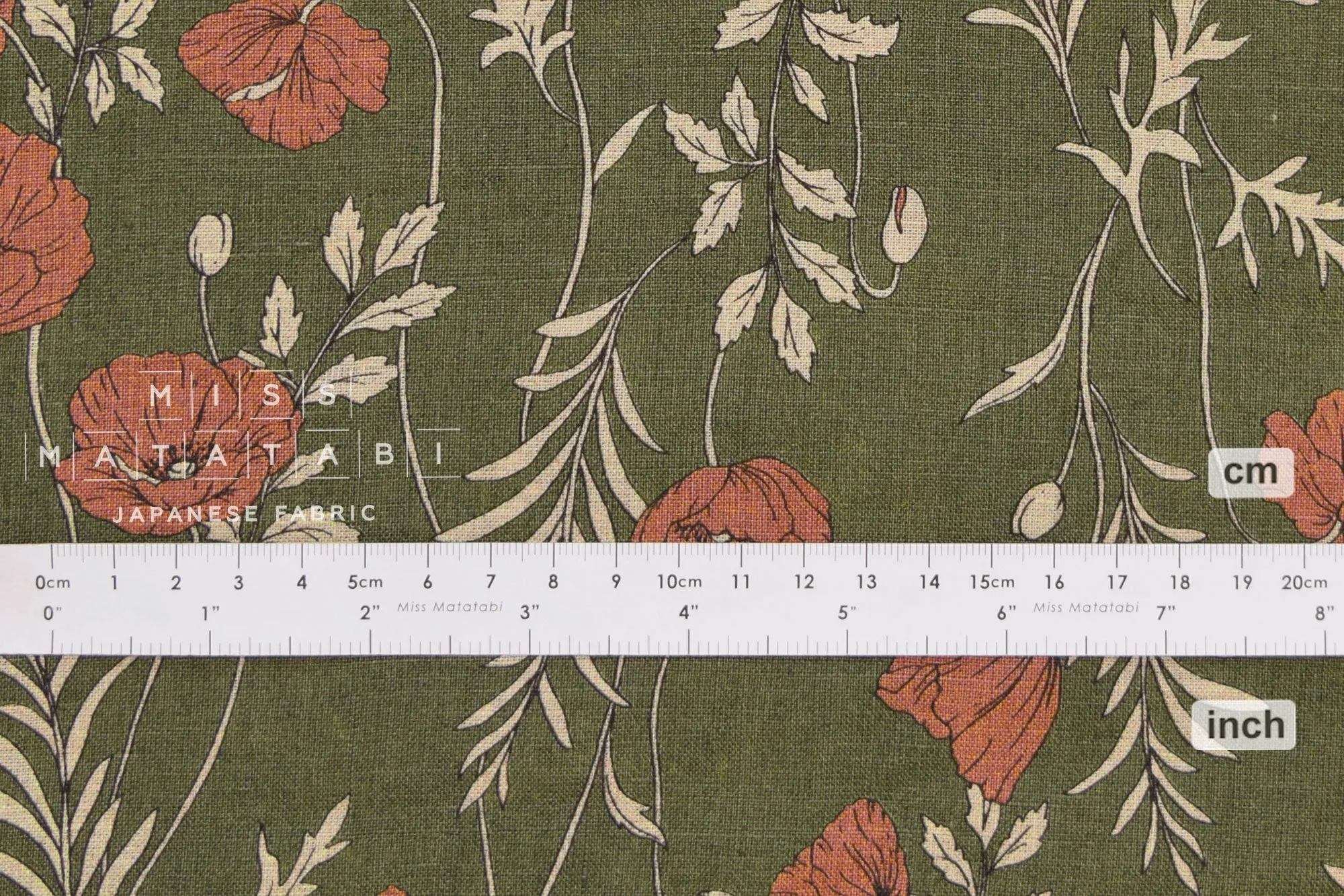 100% linen Poppies II - khaki, pink clay