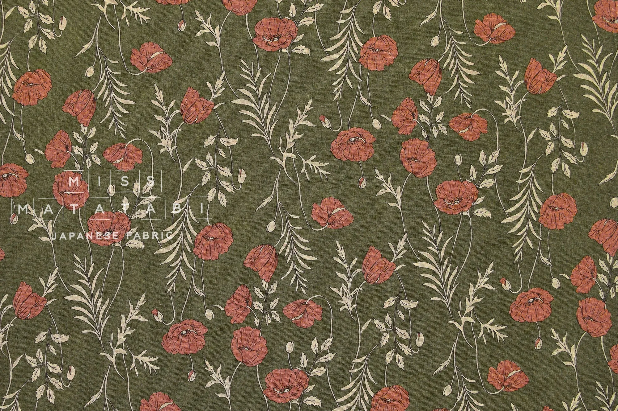 100% linen Poppies II - khaki, pink clay
