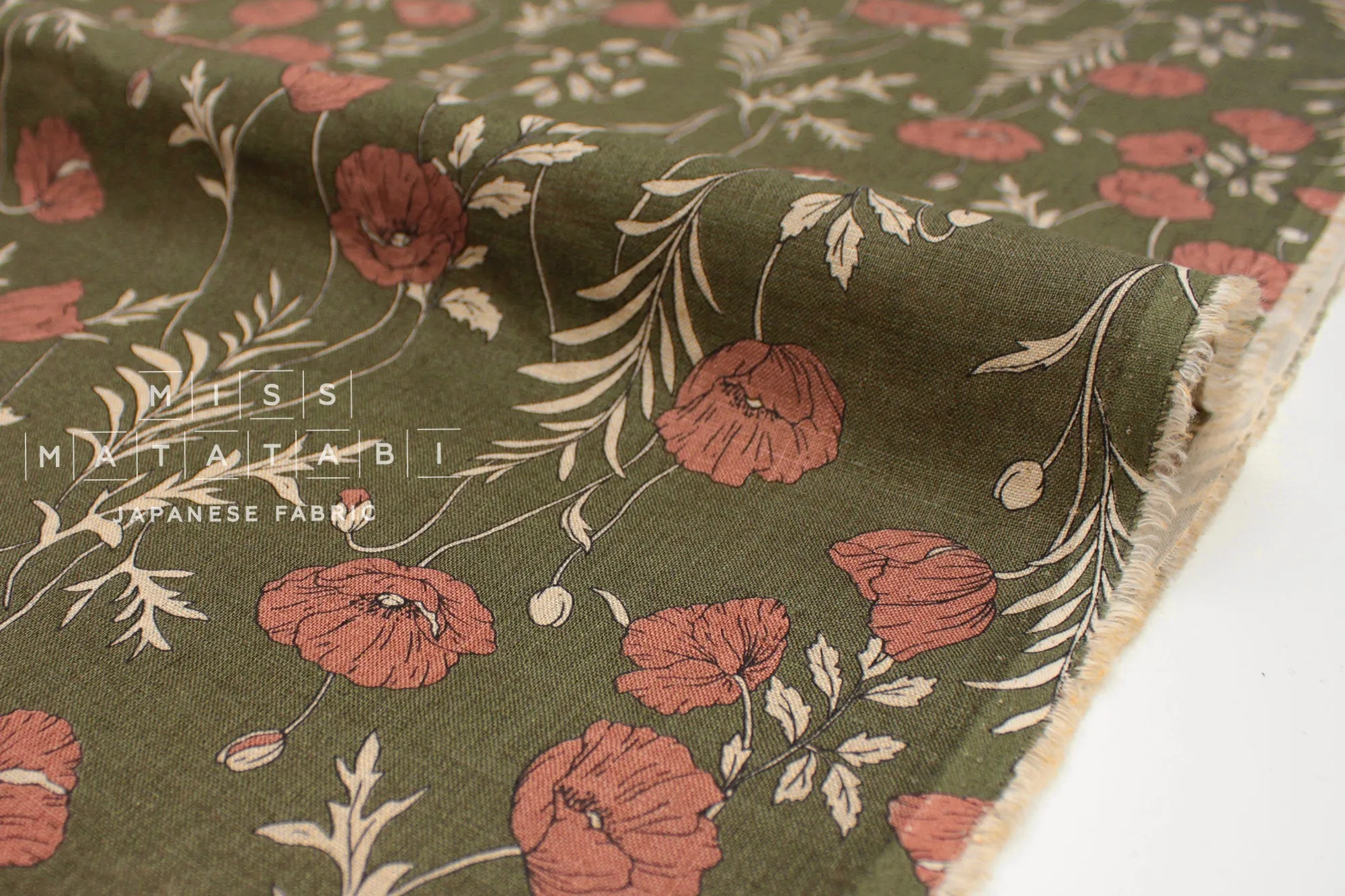 100% linen Poppies II - khaki, pink clay