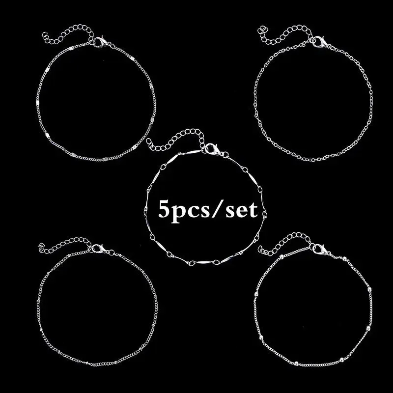 5 piece Silver Anklet Set