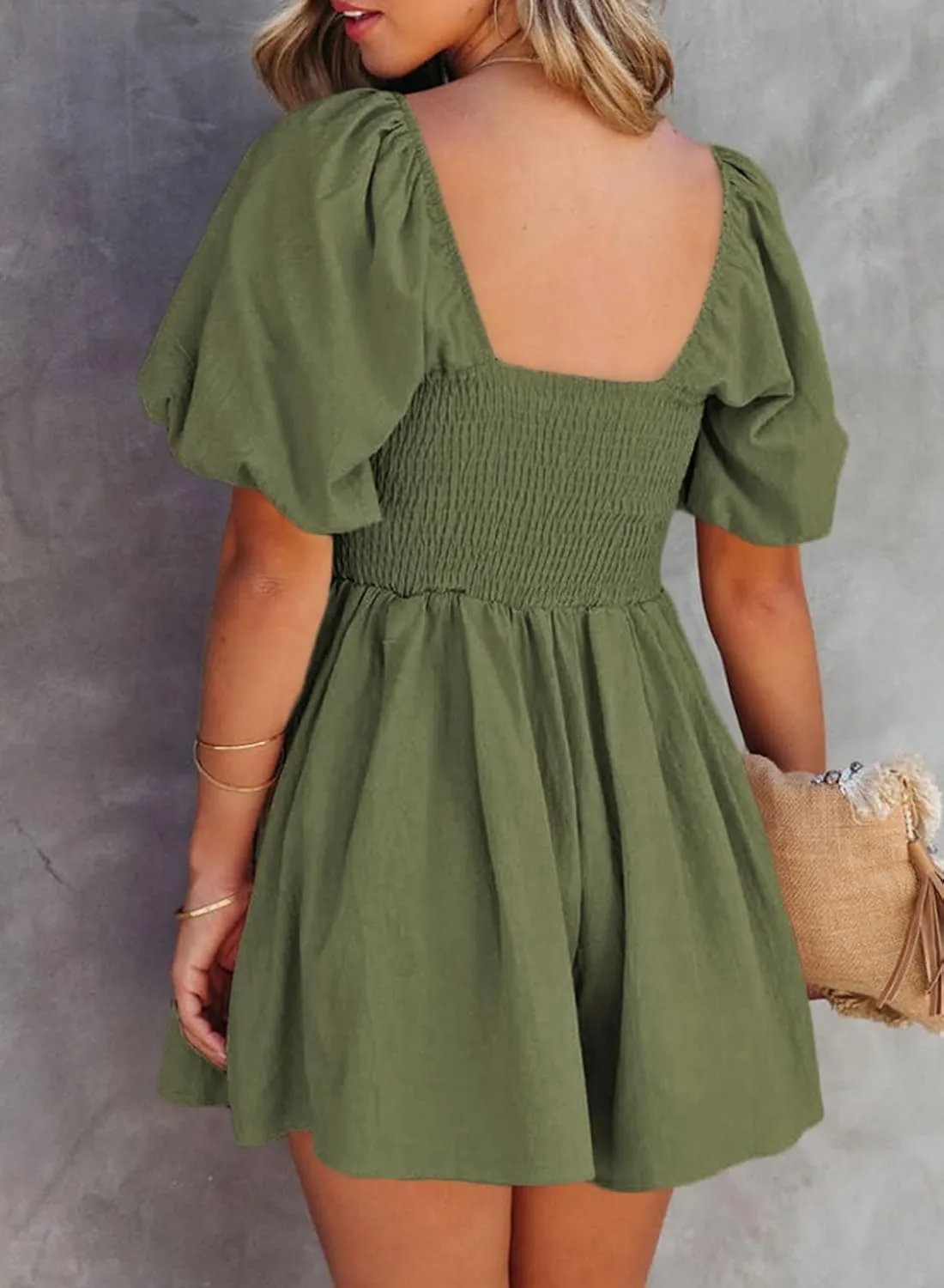 AlvaQ Womens Summer Cute Puff Sleeve Elastic Square Neck Mini Short Romper with Pockets