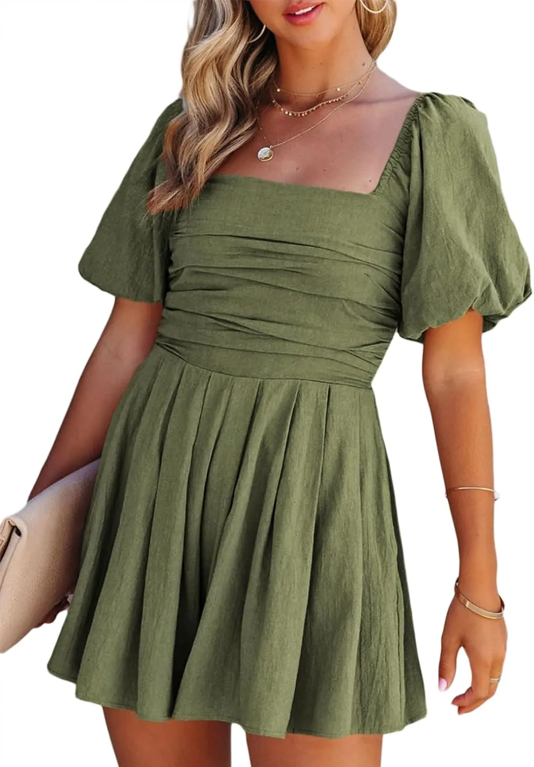 AlvaQ Womens Summer Cute Puff Sleeve Elastic Square Neck Mini Short Romper with Pockets