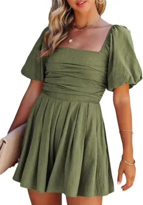 AlvaQ Womens Summer Cute Puff Sleeve Elastic Square Neck Mini Short Romper with Pockets