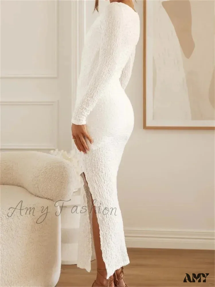 Amy Fashion - Elegant Women  Sleeve Ruched  Round Neck Low Cut Side High Split White Party Female Vestidos