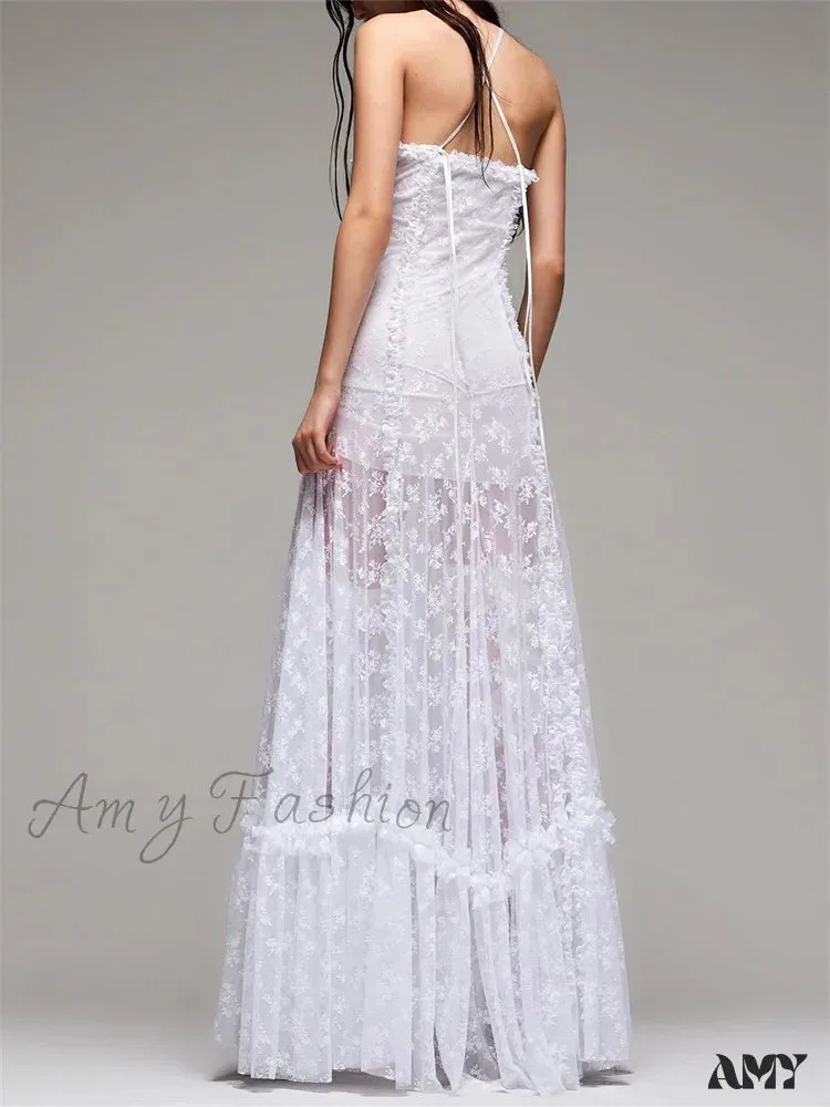 Amy Fashion - Lace Floral Halter Tie-up Off Shoulder  for Women Mesh See Through High Split Hollow Out Vestido