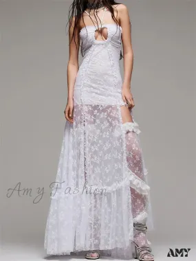 Amy Fashion - Lace Floral Halter Tie-up Off Shoulder  for Women Mesh See Through High Split Hollow Out Vestido