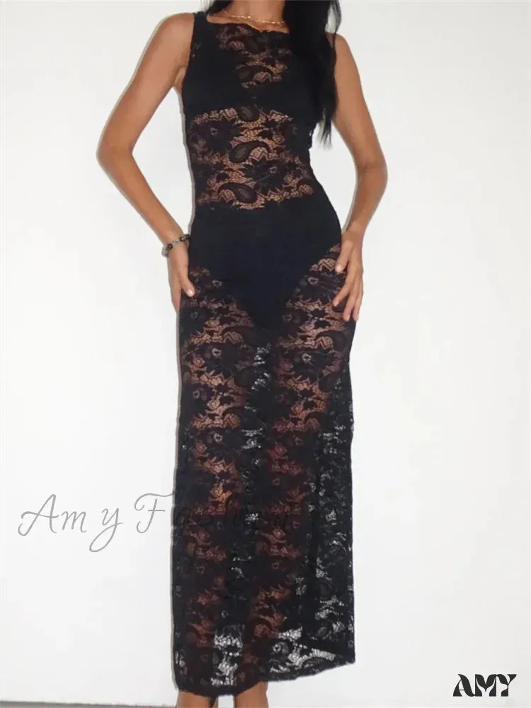 Amy Fashion - Lace Floral Mesh See Through Black  for Women Summer Beach Clubwear Sexy Women Backless Tie-up
