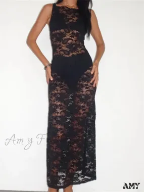 Amy Fashion - Lace Floral Mesh See Through Black  for Women Summer Beach Clubwear Sexy Women Backless Tie-up