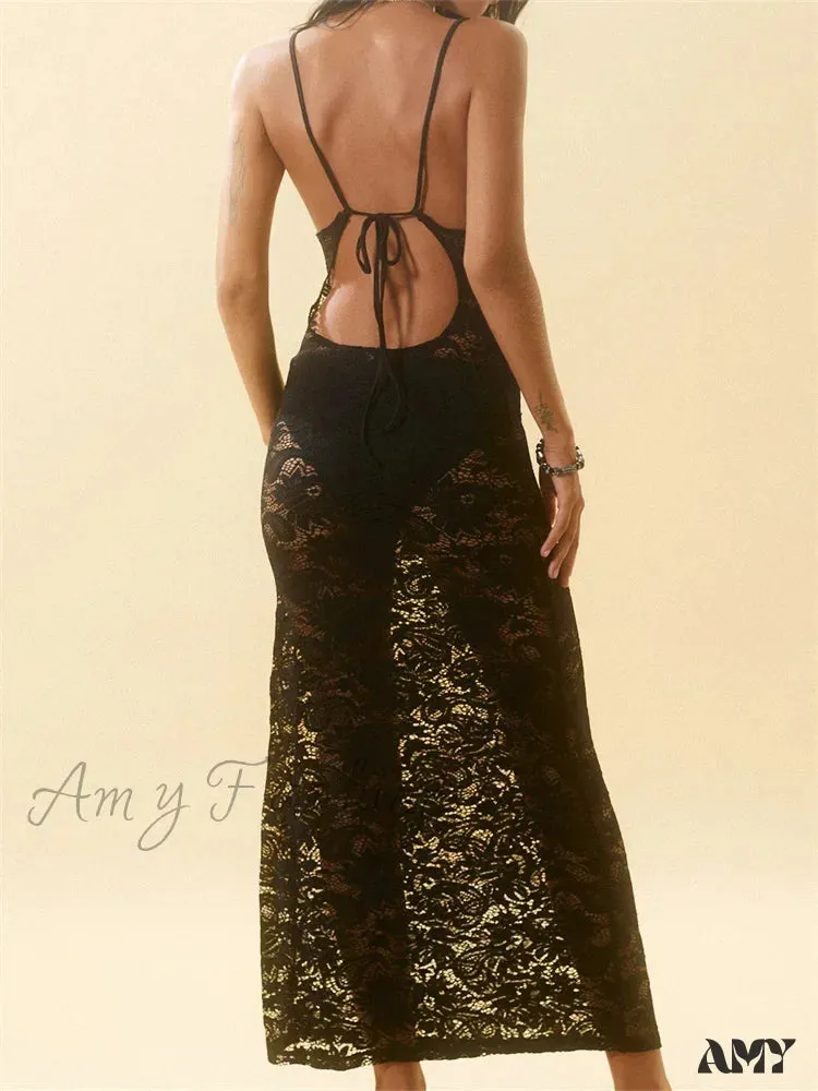 Amy Fashion - Lace Floral Mesh See Through Black  for Women Summer Beach Clubwear Sexy Women Backless Tie-up