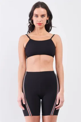 Black Striped Detail Ribbed Open Back Sleeveless Top & High Waist Biker Shorts Set