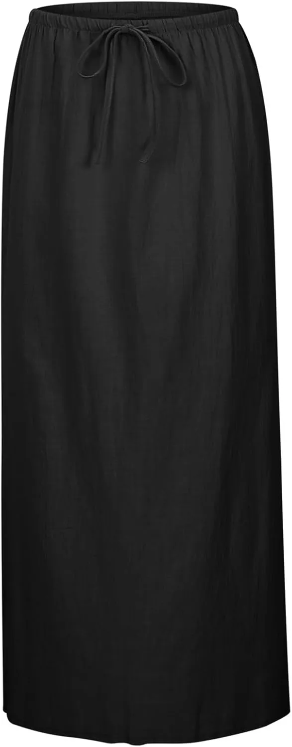 Boho Skirts for Women,2025 Summer Cotton Linen Maxi Skirts Drawstring a Line Long Skirt Trendy Casual Low Rise Skirt