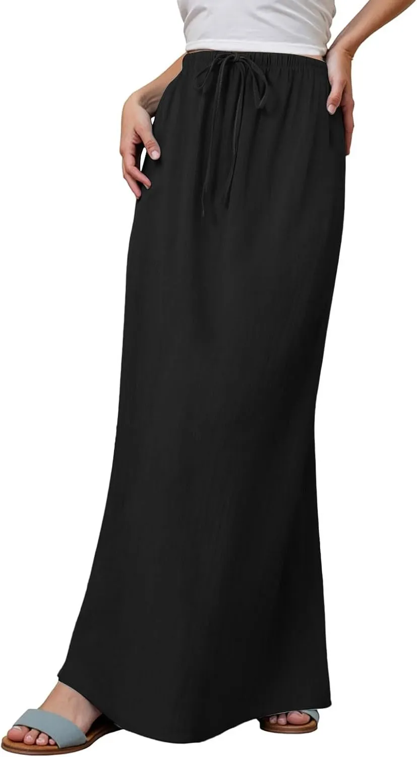 Boho Skirts for Women,2025 Summer Cotton Linen Maxi Skirts Drawstring a Line Long Skirt Trendy Casual Low Rise Skirt
