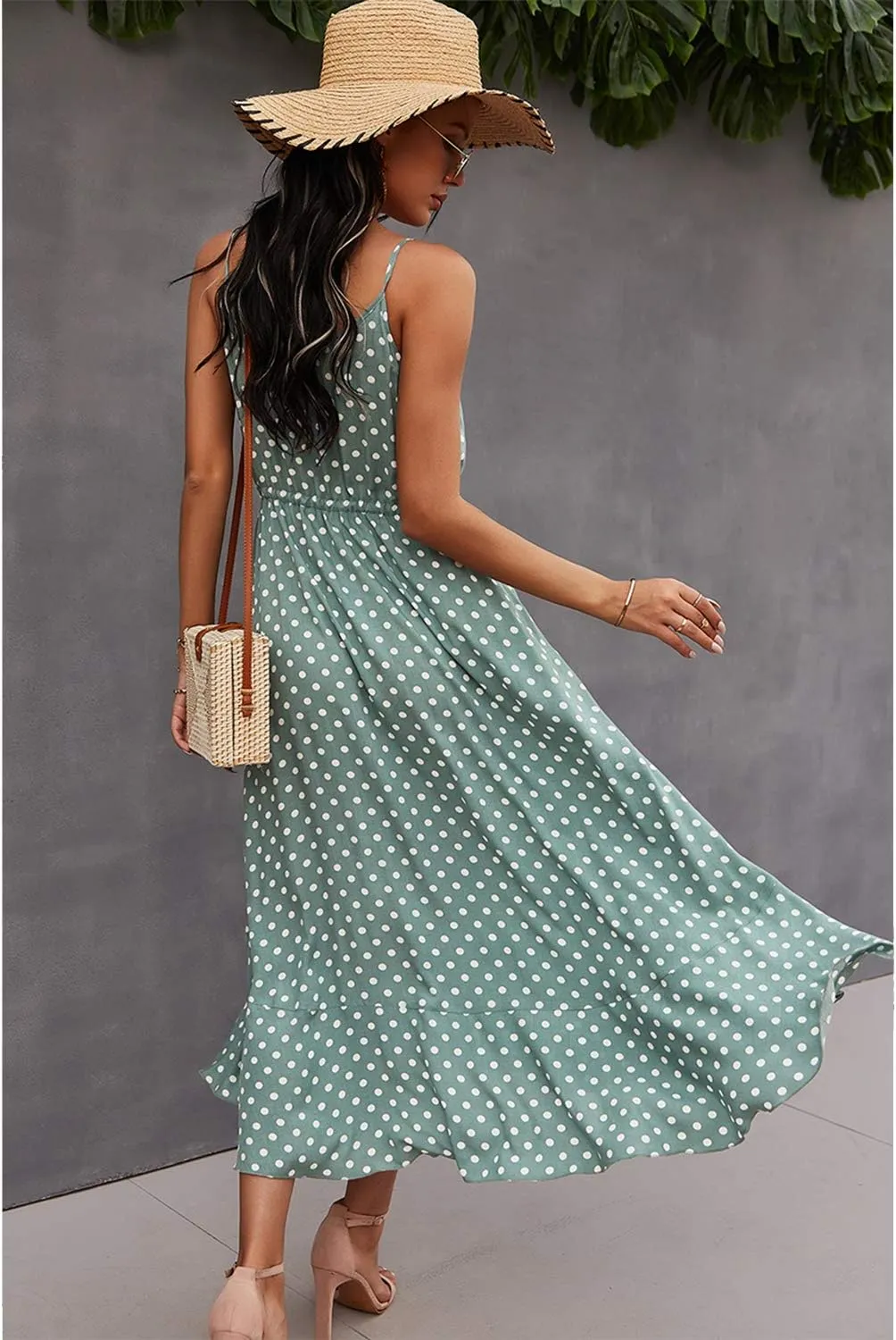BROVAVE Women's 2025 Summer Casual Boho Sundress Polka Dot Spaghetti Strap V Neck Flowy Midi Dresses