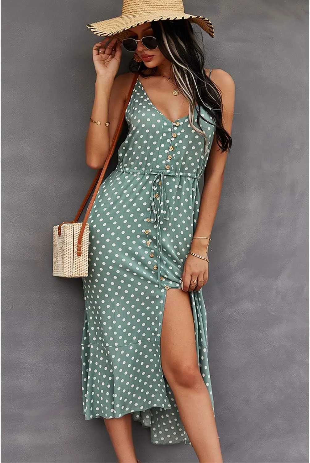BROVAVE Women's 2025 Summer Casual Boho Sundress Polka Dot Spaghetti Strap V Neck Flowy Midi Dresses