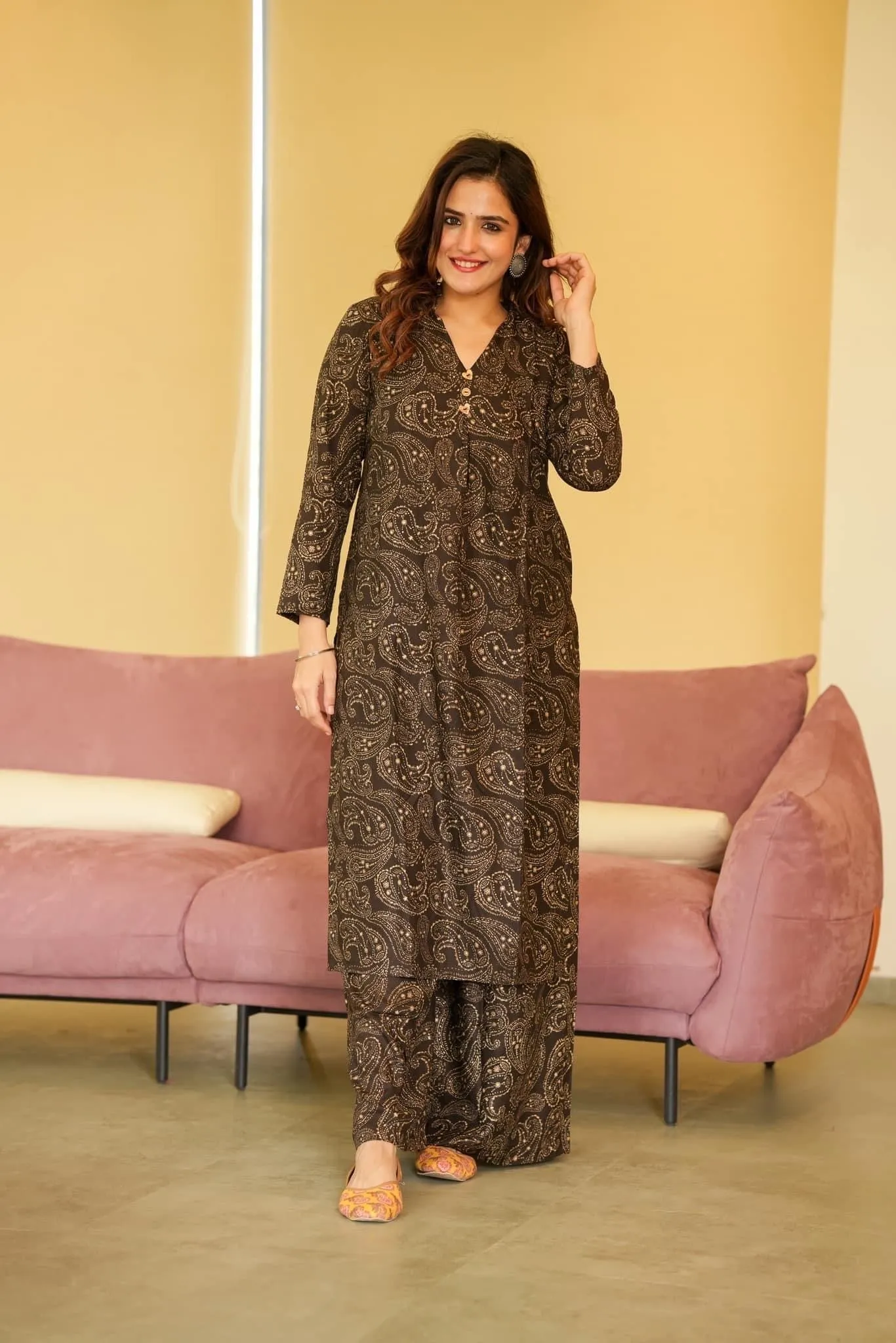 Brown Black Maslin Kurta Palazzo Set with Heavy Digital Print