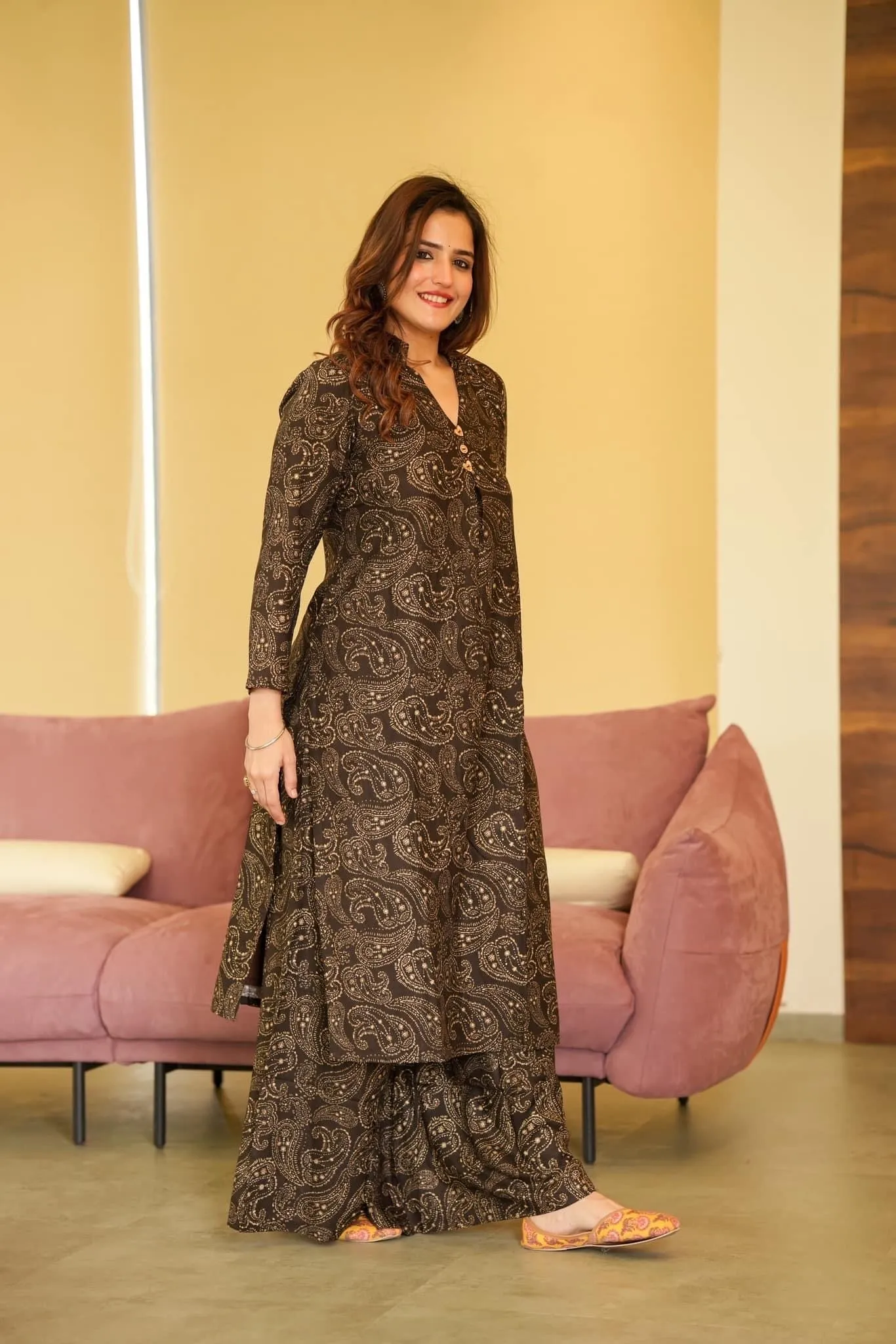 Brown Black Maslin Kurta Palazzo Set with Heavy Digital Print