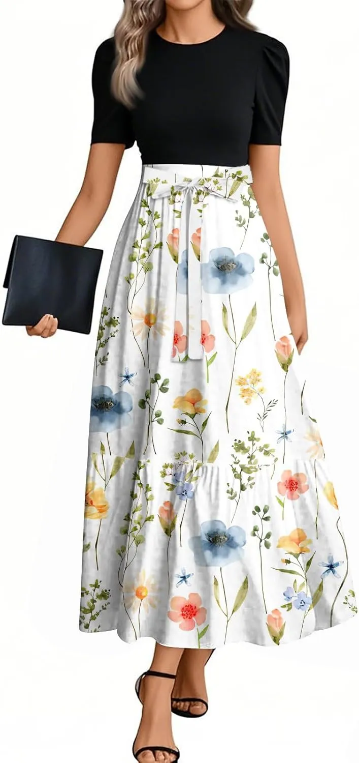 Church Dresses for Women Summer Short Sleeve Floral Long Dress Elegant Party Cocktail A Line Flowy Maxi Dress