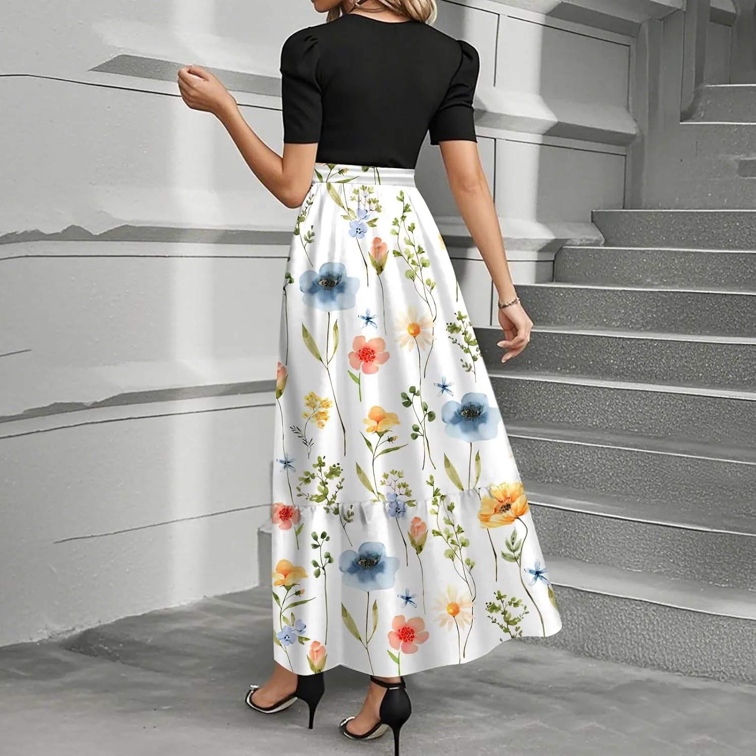 Church Dresses for Women Summer Short Sleeve Floral Long Dress Elegant Party Cocktail A Line Flowy Maxi Dress