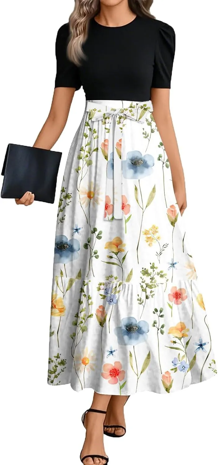 Church Dresses for Women Summer Short Sleeve Floral Long Dress Elegant Party Cocktail A Line Flowy Maxi Dress