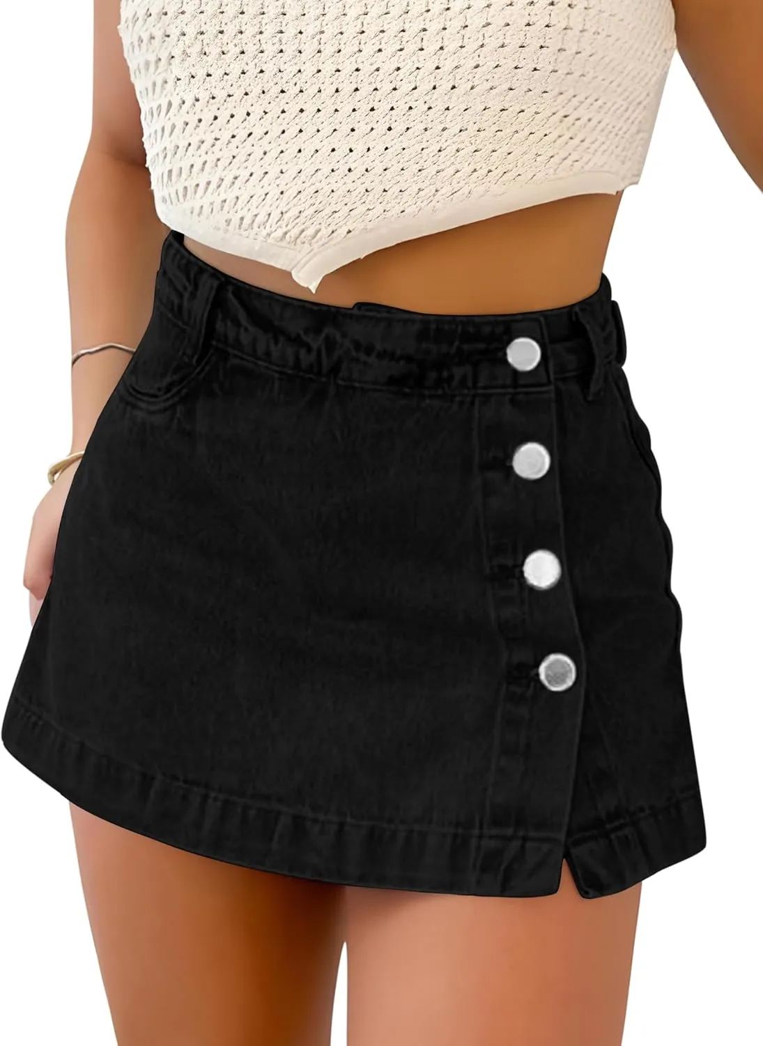 Denim Skort for Women Trendy Slit Mini Denim Skirt Casual Stretchy Jean Skirt with Shorts Summer Short Skirt