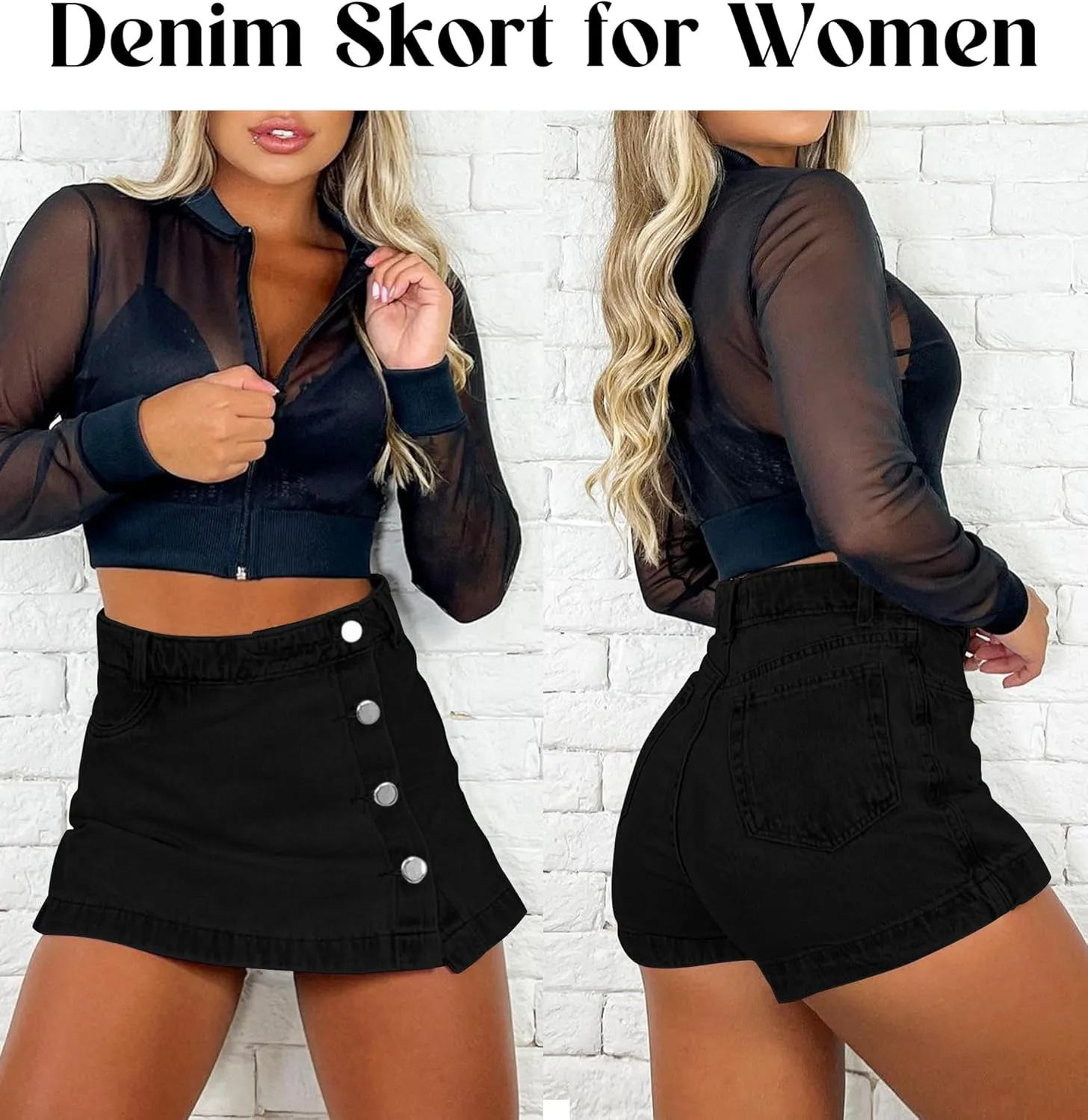 Denim Skort for Women Trendy Slit Mini Denim Skirt Casual Stretchy Jean Skirt with Shorts Summer Short Skirt