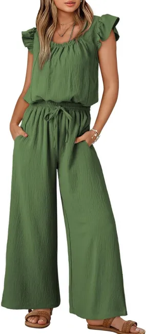 Dokotoo Jumpsuits for Women 2025 Summer Ruffle Sleeves Square Neck Rompers Drawstring Overalls with Pockets