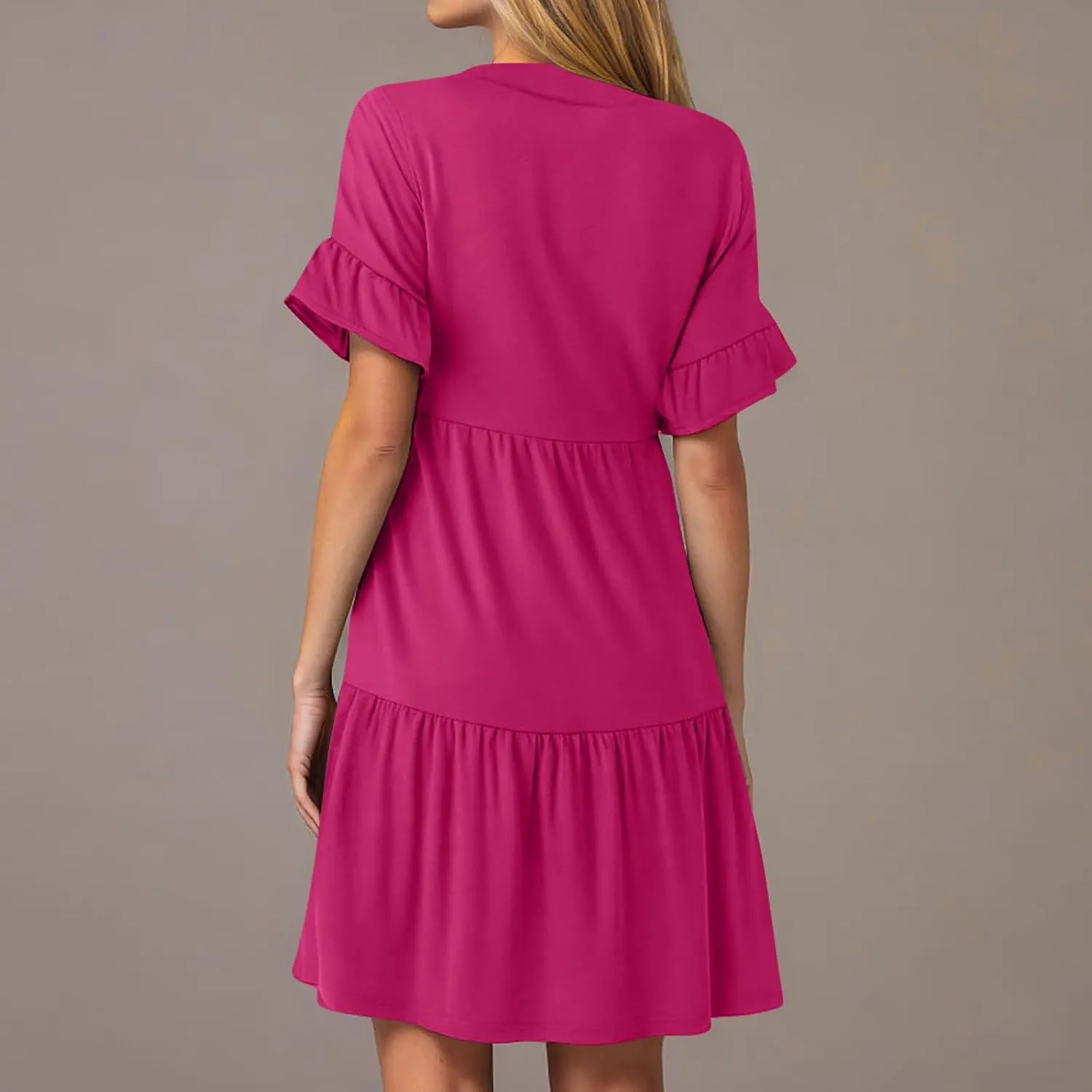Dresses for Women Summer 2025 Ruffle Hem Flowy A-Line Dress Casual Trendy Babydoll Tiered Mini Dress with Pockets