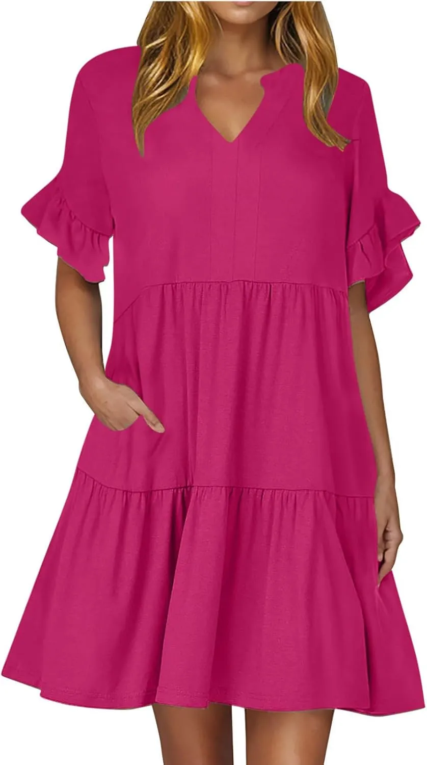 Dresses for Women Summer 2025 Ruffle Hem Flowy A-Line Dress Casual Trendy Babydoll Tiered Mini Dress with Pockets