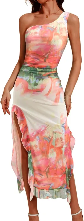 DRESSTELLS Women's Summer Maxi Bodycon Floral Tie Dye Mesh Wedding Guest Club Party Long Split Dresses 2025
