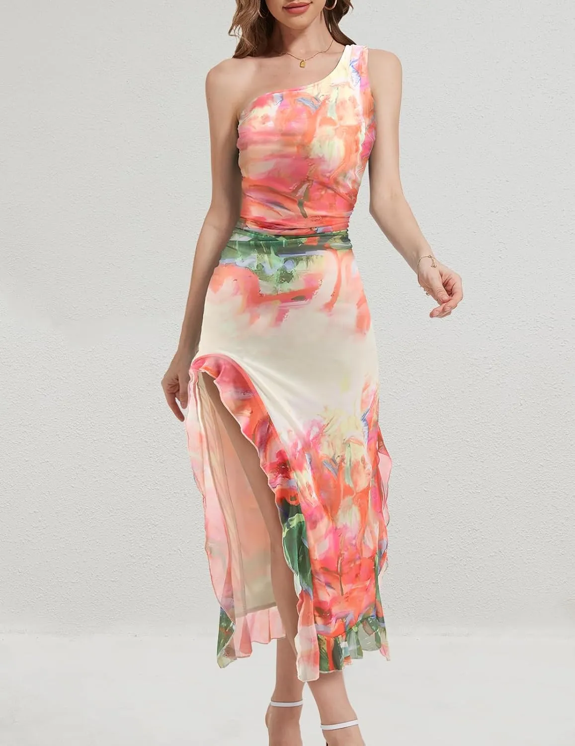 DRESSTELLS Women's Summer Maxi Bodycon Floral Tie Dye Mesh Wedding Guest Club Party Long Split Dresses 2025