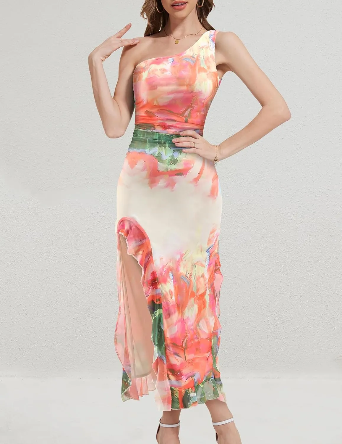 DRESSTELLS Women's Summer Maxi Bodycon Floral Tie Dye Mesh Wedding Guest Club Party Long Split Dresses 2025