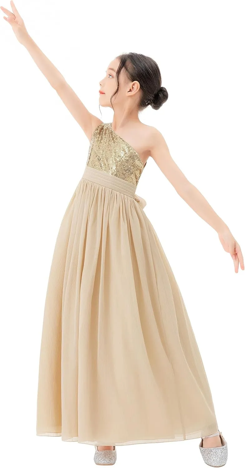 ekidsbridal One Shoulder Sequins Chiffon Flower Girl Dresses for Special Occasions 328