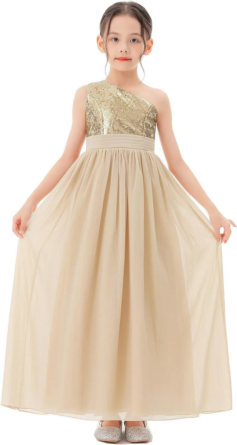 ekidsbridal One Shoulder Sequins Chiffon Flower Girl Dresses for Special Occasions 328