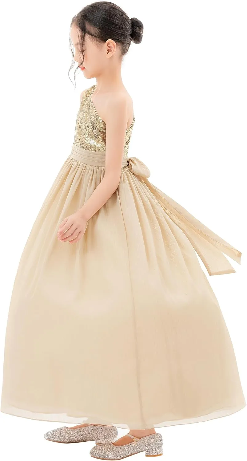 ekidsbridal One Shoulder Sequins Chiffon Flower Girl Dresses for Special Occasions 328