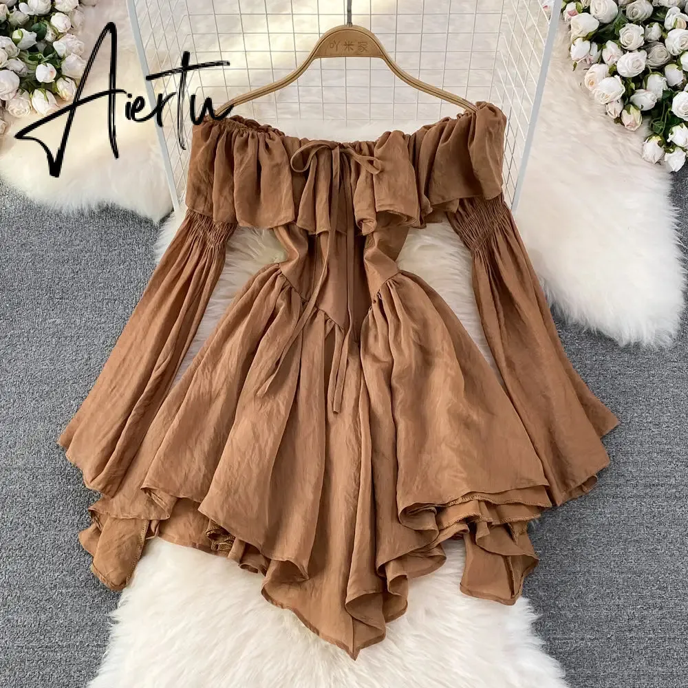 Fairy Dress  Holiday Irregular Long Sleeve Beach dress summer Ruffle sexy Off Shoulder female high waist chic women short dresses  Sundress