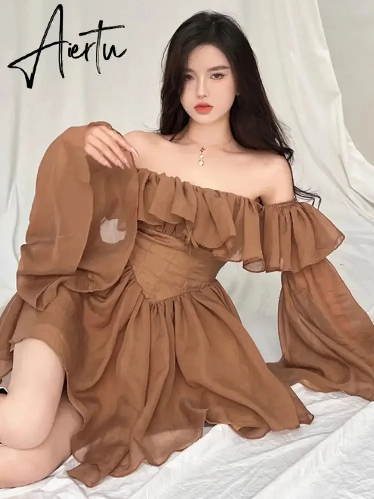 Fairy Dress  Holiday Irregular Long Sleeve Beach dress summer Ruffle sexy Off Shoulder female high waist chic women short dresses  Sundress