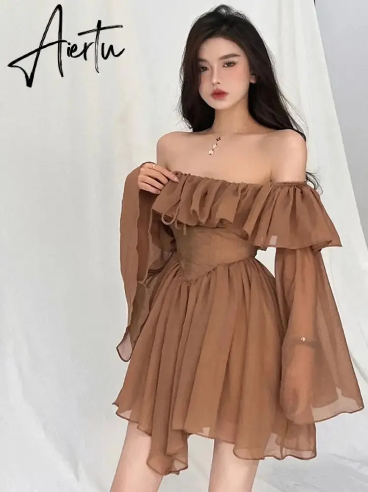Fairy Dress  Holiday Irregular Long Sleeve Beach dress summer Ruffle sexy Off Shoulder female high waist chic women short dresses  Sundress