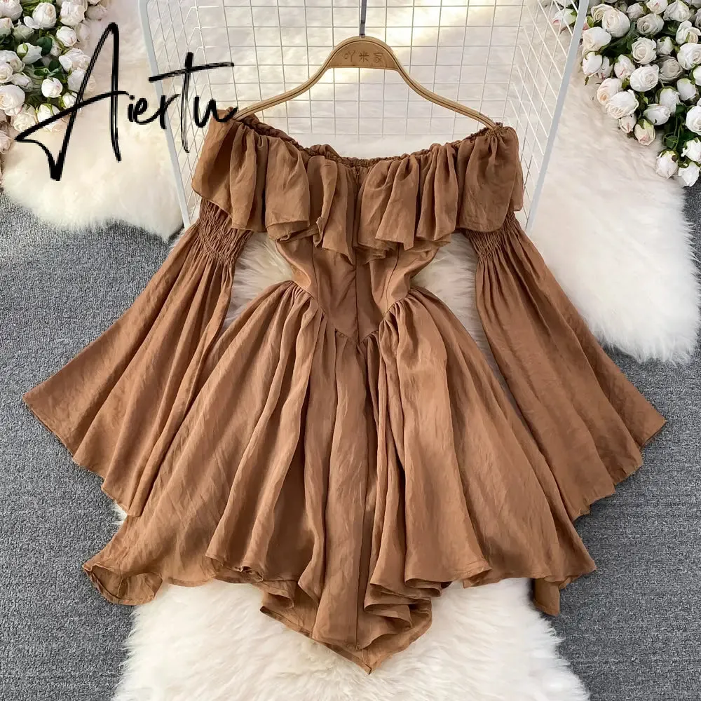 Fairy Dress  Holiday Irregular Long Sleeve Beach dress summer Ruffle sexy Off Shoulder female high waist chic women short dresses  Sundress