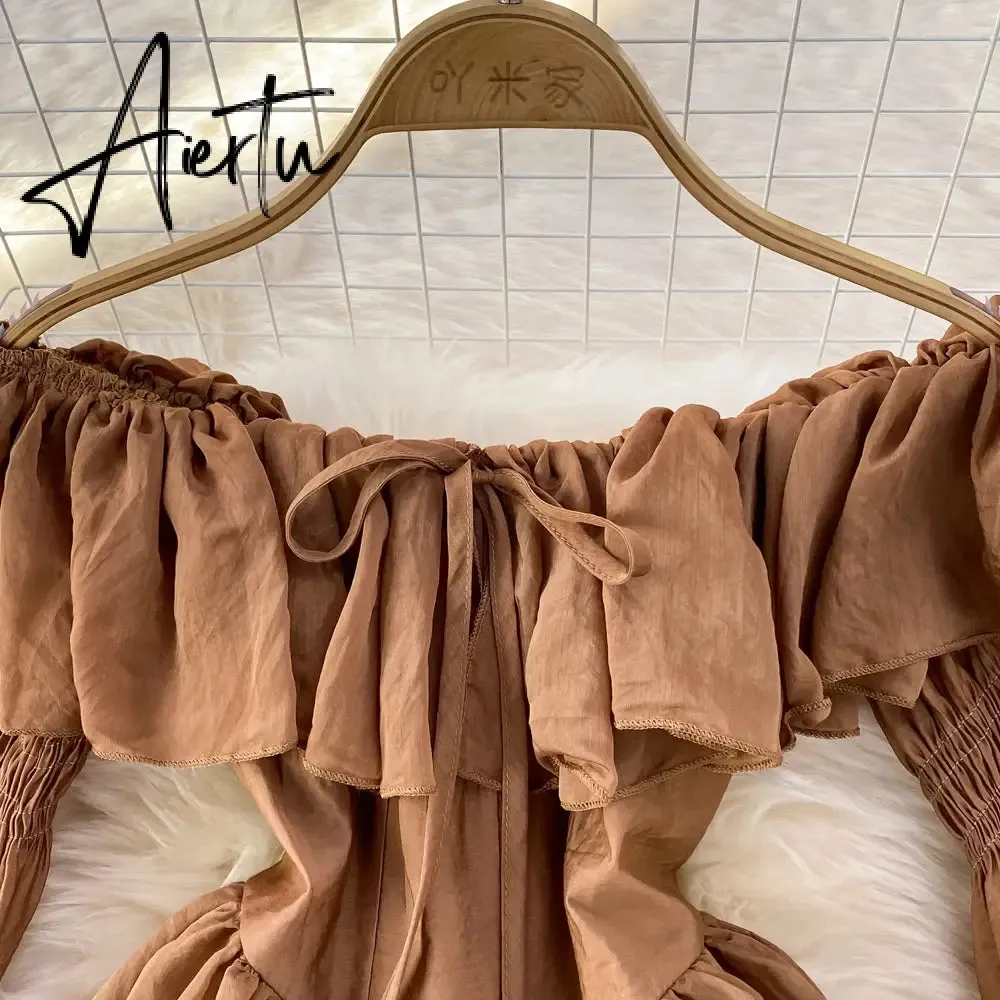 Fairy Dress  Holiday Irregular Long Sleeve Beach dress summer Ruffle sexy Off Shoulder female high waist chic women short dresses  Sundress