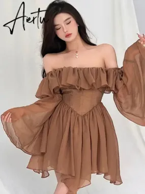 Fairy Dress  Holiday Irregular Long Sleeve Beach dress summer Ruffle sexy Off Shoulder female high waist chic women short dresses  Sundress