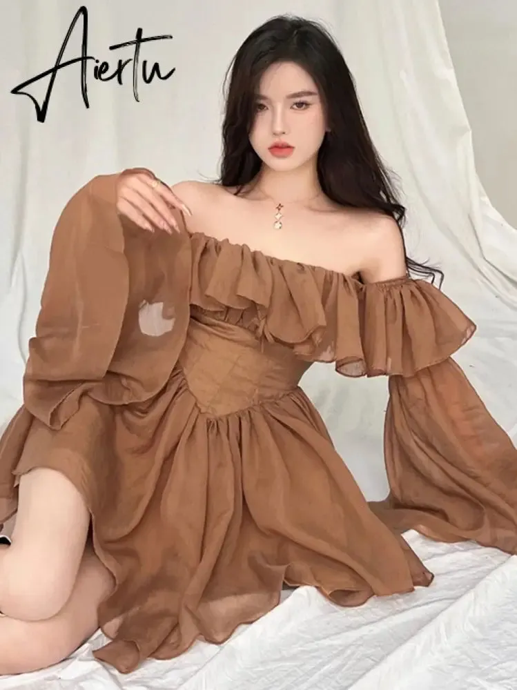Fairy Dress  Holiday Irregular Long Sleeve Beach dress summer Ruffle sexy Off Shoulder female high waist chic women short dresses  Sundress