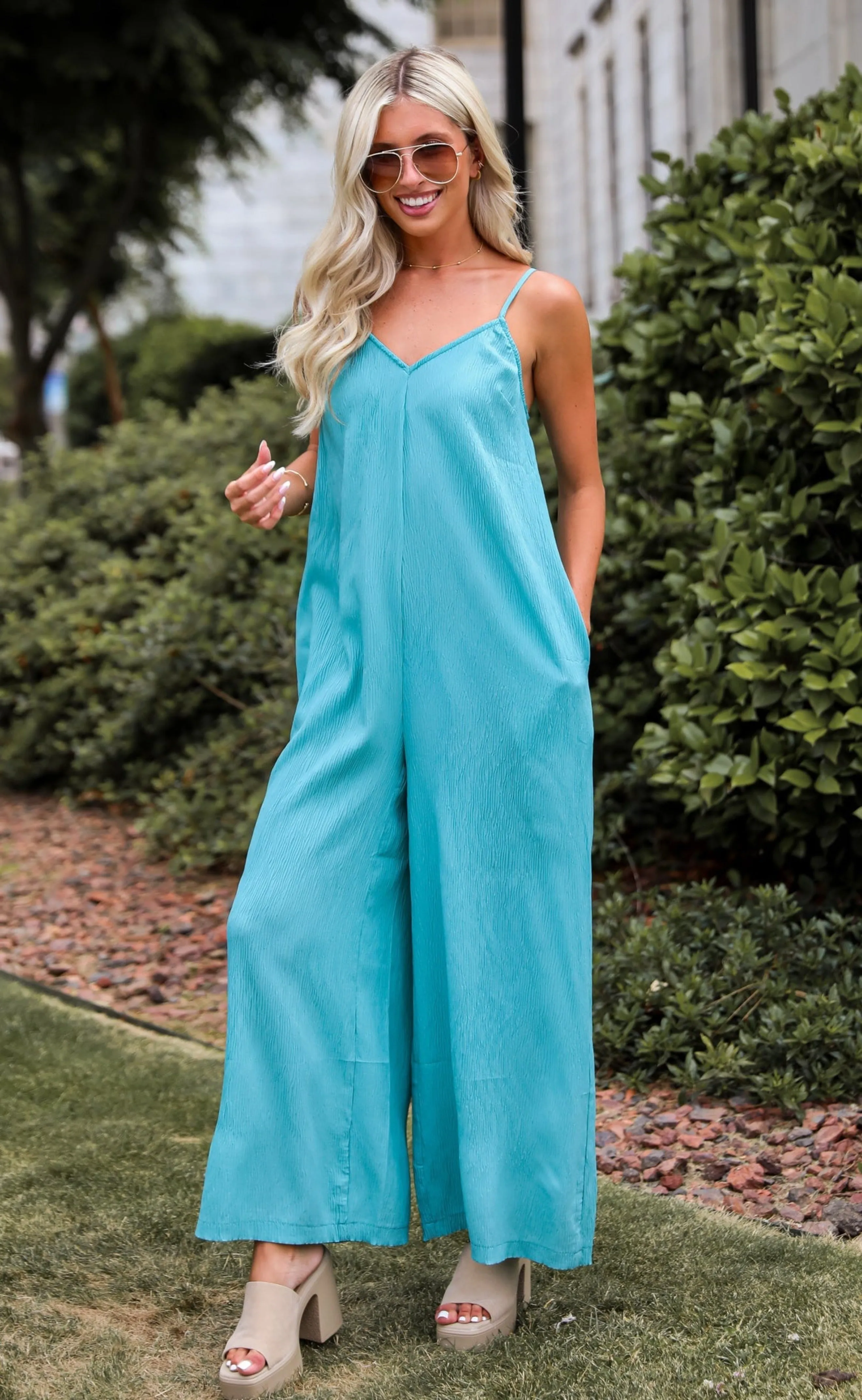 FINAL SALE - Sunny Energy Teal Wide Leg Jumpsuit