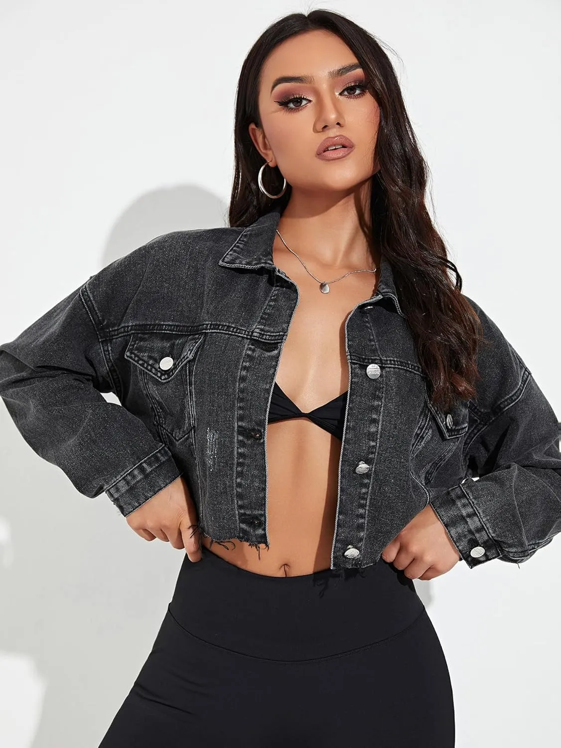 Floerns Women's Casual Drop Shoulder Ripped Crop Denim Jean Jacket