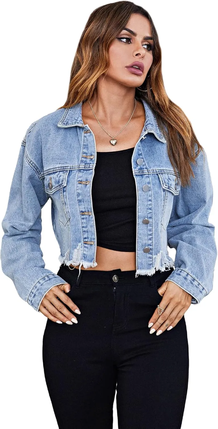 Floerns Women's Casual Drop Shoulder Ripped Crop Denim Jean Jacket