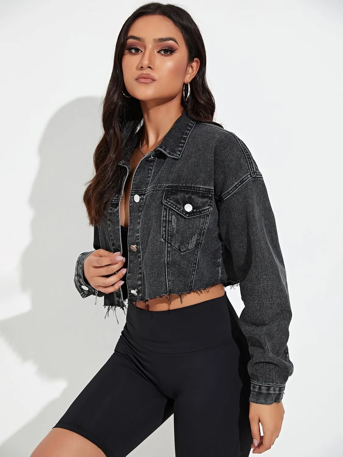 Floerns Women's Casual Drop Shoulder Ripped Crop Denim Jean Jacket