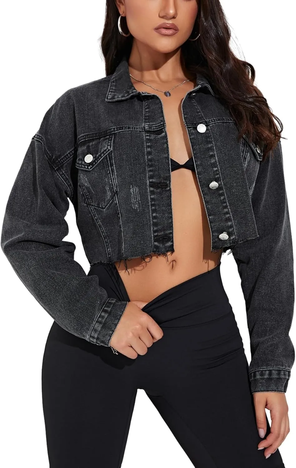 Floerns Women's Casual Drop Shoulder Ripped Crop Denim Jean Jacket