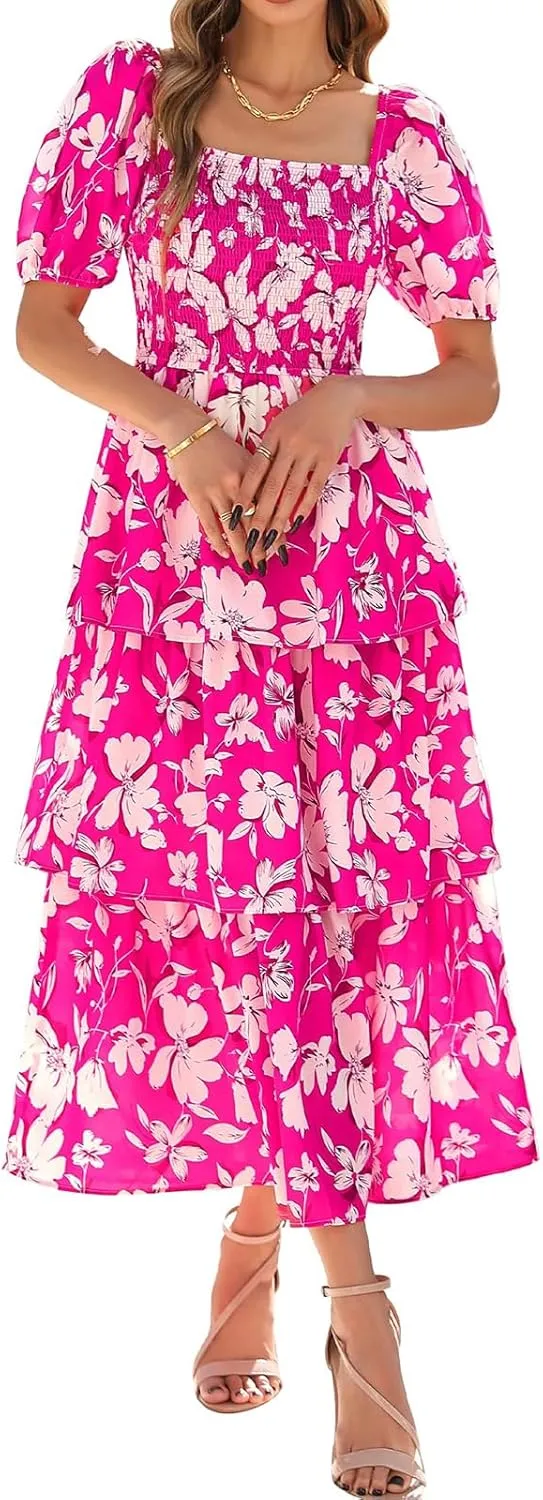 Floral Dress for Women Summer Puff Short Sleeve Smocked Dress Square Neck Ruffl Tiered Maxi Dresses Flowy Dresses