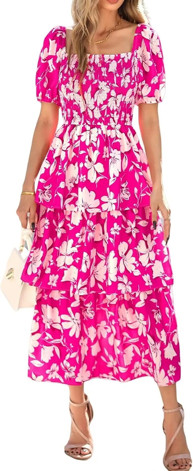 Floral Dress for Women Summer Puff Short Sleeve Smocked Dress Square Neck Ruffl Tiered Maxi Dresses Flowy Dresses