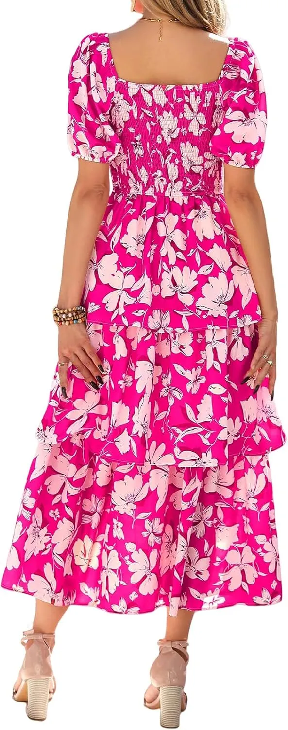Floral Dress for Women Summer Puff Short Sleeve Smocked Dress Square Neck Ruffl Tiered Maxi Dresses Flowy Dresses
