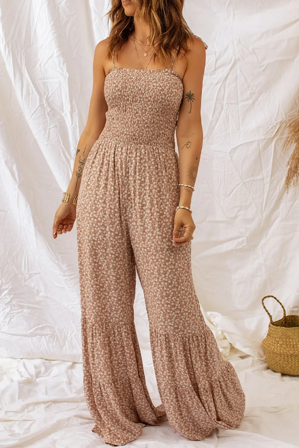 Floral Spaghetti Strap Smocked Wide Leg Jumpsuit: Trendy Elegance for Every Occasion